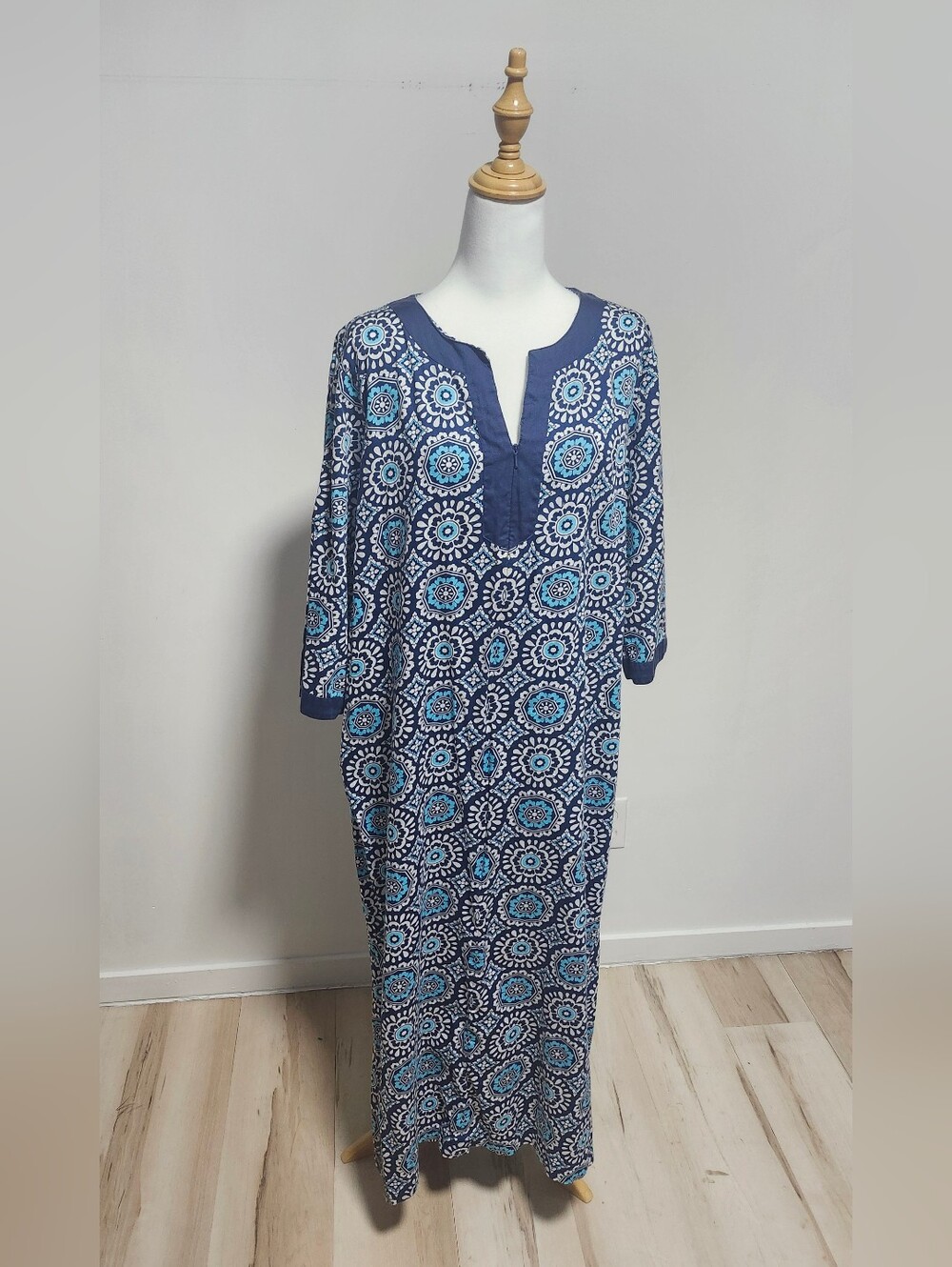 Charter Club Navy and Teal Geometric Cotton Caftan